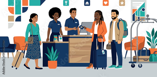 Illustration of diverse group of travelers checking in at hotel reception isolated on transparent background