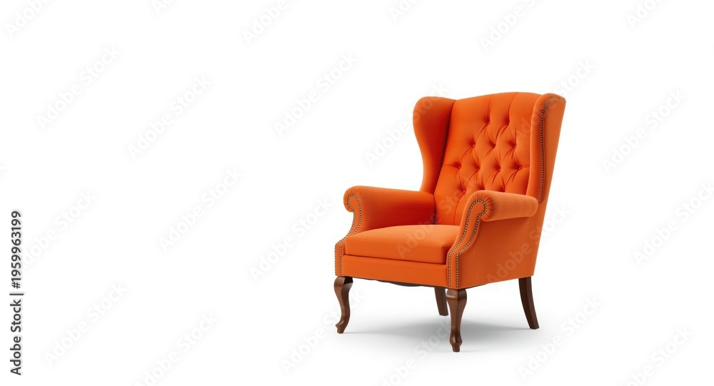 Fototapeta premium Orange classic armchair with tufted fabric back and dark wood legs set on plain white background with copy space