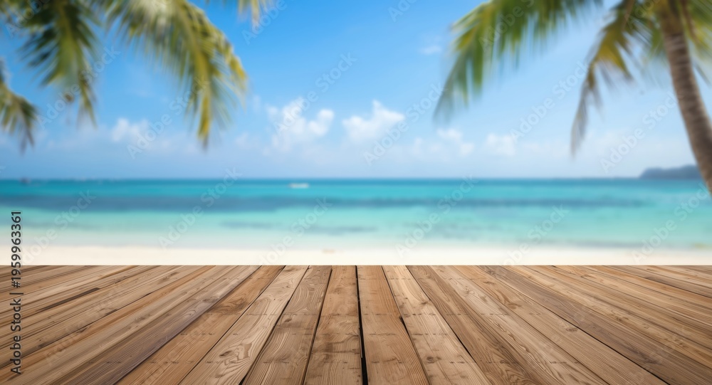 Fototapeta premium Relaxing outdoor getaway with a wooden floor and blurry cool sea background on a tropical beach