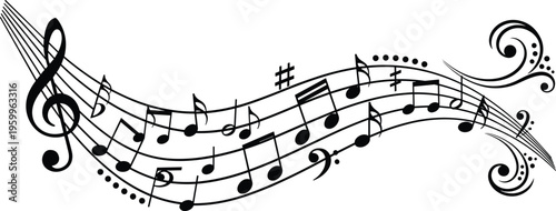 Musical notes on wavy staff silhouette, black treble clef with melody symbols and decorative swirls, artistic song notation element for concert poster design