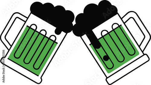 Clinking beer mugs cheers concept, green ale glasses celebration, St Patrick festival drink, flat vector illustration, minimal cad drawing style