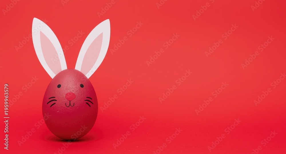 Obraz premium Handmade paper bunny ears on a crimson Easter egg set on a bright red background