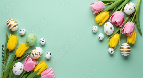 A colorful Easter-themed arrangement of tulips and decorated eggs on a pastel green background
