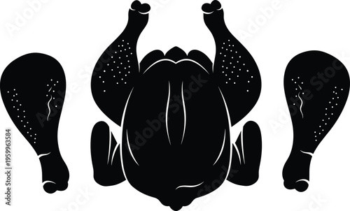 Roasted chicken silhouette set, fried poultry drumstick vector icons, whole turkey meat outline for restaurant menu design, butchery food logo isolated on white