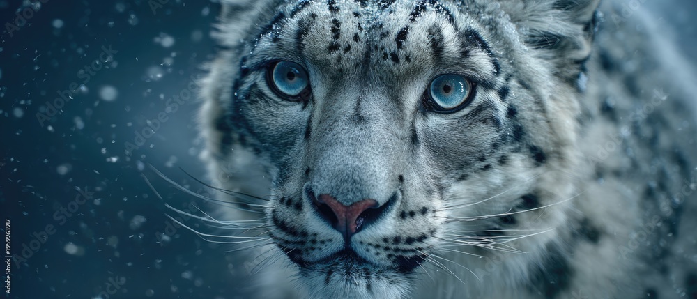Fototapeta premium Close-up portrait of snow leopard in dark snowy wilderness with dramatic blue lighting
