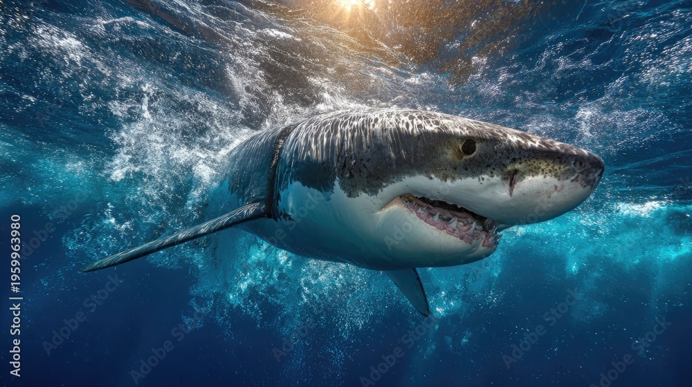 Fototapeta premium Great white shark swimming underwater towards sunlight