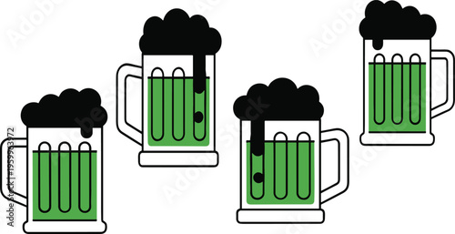 Green beer mugs set, frothy ale glasses collection, St Patrick celebration drink icons, flat vector illustration, minimal cad drawing style