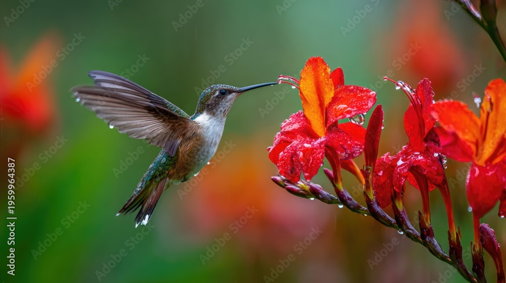 Naklejka premium hummingbird feeding on vibrant red flowers in garden