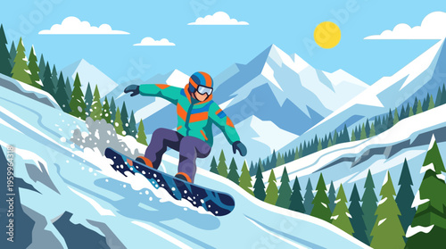 Snowboarder Carving Down Snowy Mountain Slope