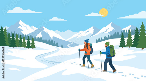 Couple Hiking in Snowy Winter Mountains