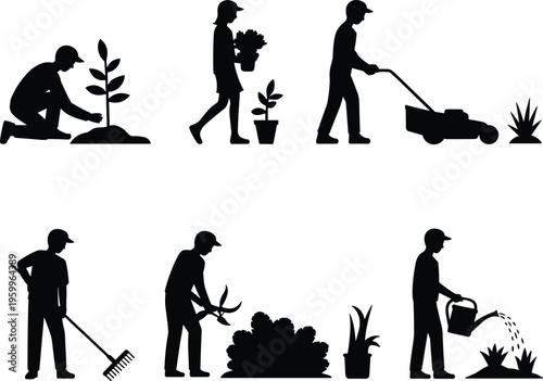 Gardener silhouettes set with planting watering mowing and raking, landscaping and lawn care concept, outdoor work activities, garden maintenance, nature care routine