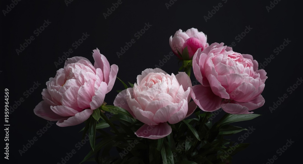 Obraz premium Garden peonies nestled against a dark even toned background