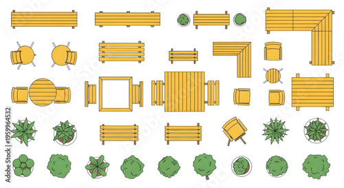 Terrace Garden Furniture Top View Vector Icon Set – Benches, Tables, Chairs, Plants Multiview Yellow Outline