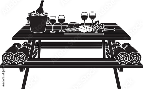 Black and white illustration of wine and cheese on picnic table with blankets
