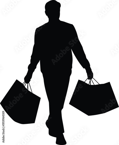 Silhouette of man walking with shopping bags, consumer lifestyle and retail concept, isolated figure representing fashion purchase, sales activity, and modern urban shopping habits