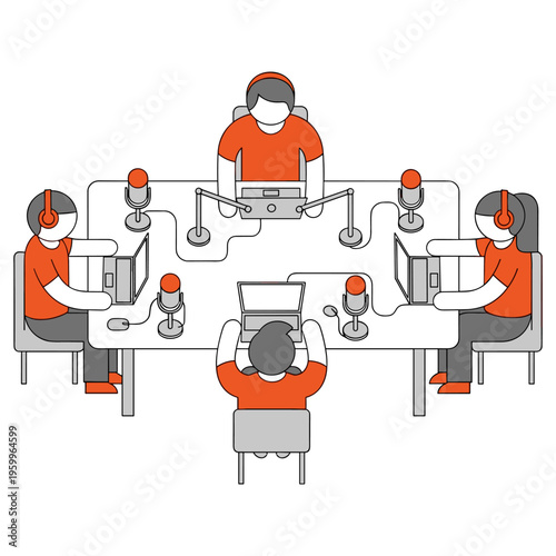 Podcast recording session with five people around a table using equipment