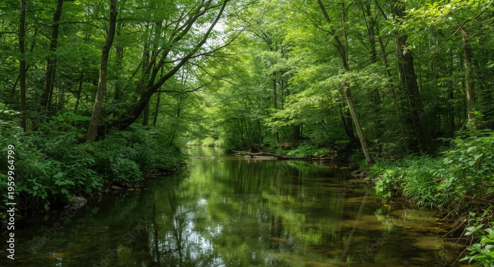 Fototapeta premium Quiet forest river scene with abundant greenery and a relaxing environment