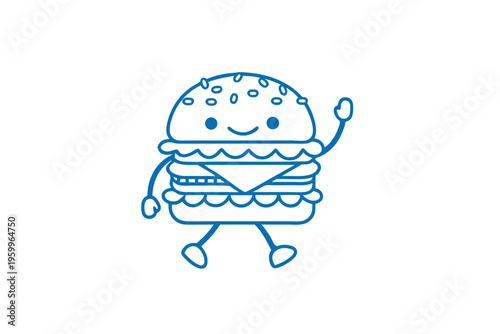 Cute Hamburger character, line art illustration, cartoon style for snack bar branding