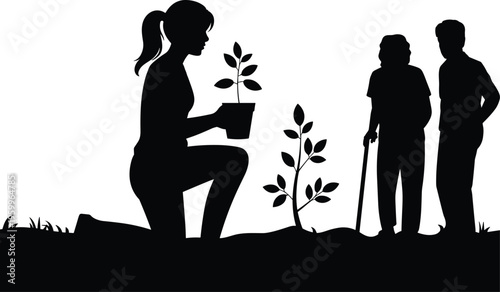 Silhouette of woman planting young tree while elderly person and adult observe, environmental care, gardening education and sustainable lifestyle concept isolated on white background