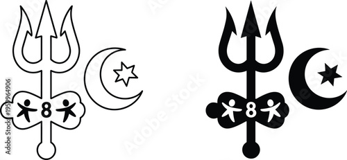 Trident silhouette with crescent moon and star, cultural and spiritual emblem design, mythological symbol isolated on white background, religious icon illustration