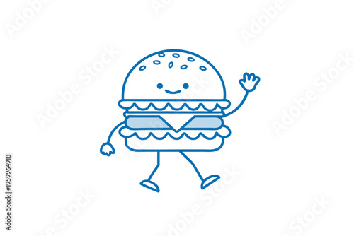 Goofy Hamburger character, line art cartoon, friendly design for food and beverage