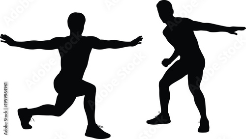 Athlete silhouettes performing dynamic workout poses, fitness training and exercise concept, strength and balance, active lifestyle, sports movement, isolated male figures in action