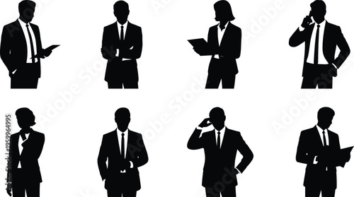 Business people silhouettes set with men and woman in corporate poses, reading talking and thinking, office work concept, leadership teamwork, isolated professional figures collection