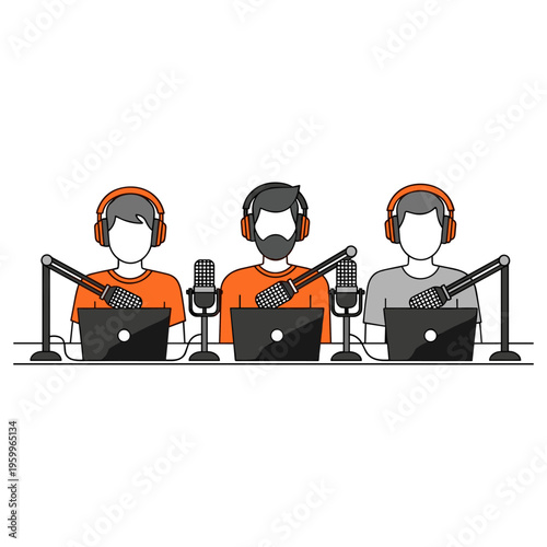Three men podcasting live using microphones and laptops in a studio setting