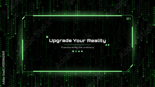 Green digital frame with Japanese characters and matrix code text. Virtual interface design with futuristic hud elements. Cyber reality element for game interface and data visualization tech.
