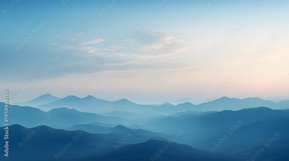 Fototapeta premium Beautiful mountain landscape with sunset sky and misty morning view