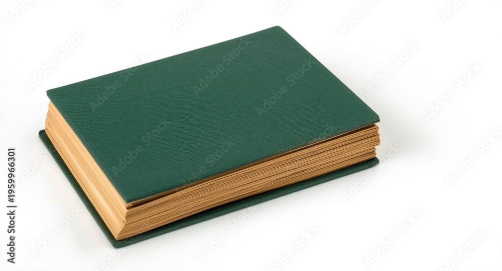 Fototapeta premium Classic green book with aged pages on a bright white surface