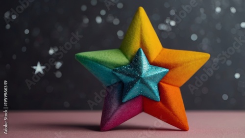 A cheerful star-shaped toy with multiple colors, showcasing bright hues and a playful design.