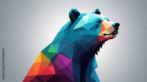 A low polygonal bear in bright colors, featuring sharp edges and a modern artistic design.