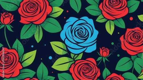Pattern of red and blue roses on a black background, creating a vibrant floral design.