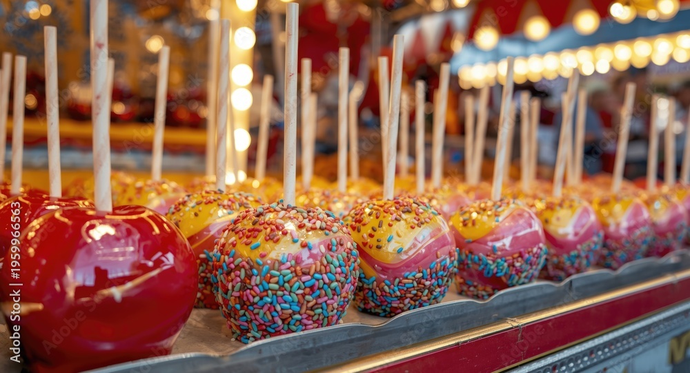 Naklejka premium Festive candy apples in vibrant colors at a lively state fair booth