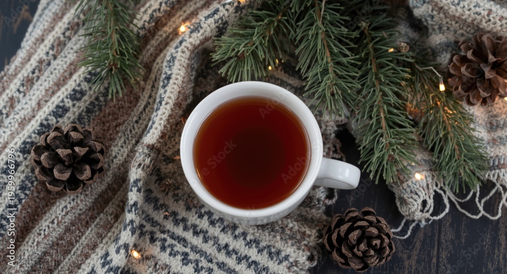 Fototapeta premium Holiday season winter still life showing a stylish cup of tea with pine cones, knitted textiles, and golden festive illumination