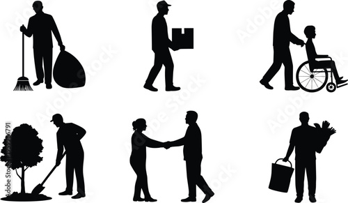 People silhouettes performing daily activities, cleaning, gardening, caregiving, delivery and handshake interaction, community service and lifestyle concept isolated on white background