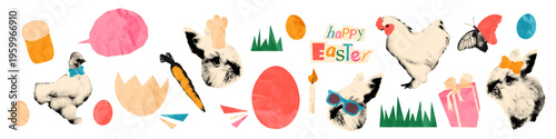 Easter halftone collage elements set. Cut out of crumpled paper bunny and chicken. Funny Easter egg hunt. Modern retro vector illustration for spring mixed media design