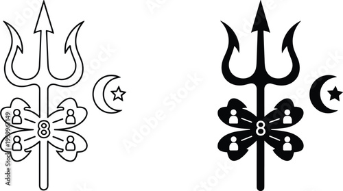 Trident symbol with crescent moon and star, cultural emblem silhouette design, religious and mythological icon isolated on white background, spiritual symbol illustration