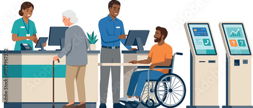 Illustration of diverse people interacting at a hospital or clinic reception desk isolated on transparent background