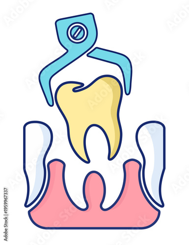 Dental extraction surgery with tooth pulling out by forceps from gums and jaw bone in flat