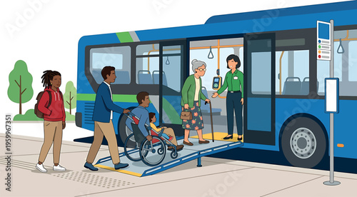 Accessible blue bus with wheelchair ramp and people boarding isolated on transparent background