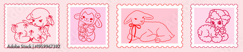 Retro Vintage Postage Stamp Featuring Cute Pink Lambs with Bows and Flowers in Kawaii Coquette Aesthetic