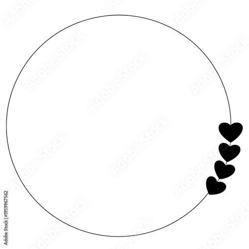A simple black circle is accompanied by five small black hearts arranged vertically along its right side