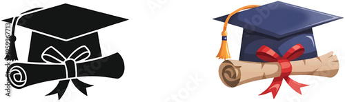 Graduation cap and diploma icon set for university and college education