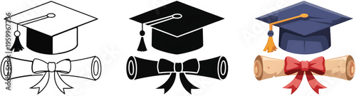 Graduation cap and diploma icon set for university and college education