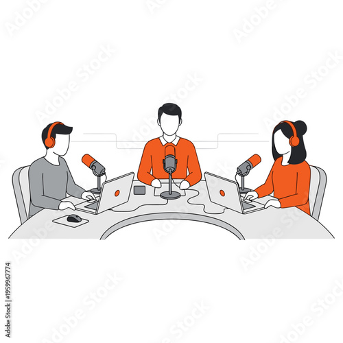 Three podcasters broadcasting from circular table in professional modern recording studio