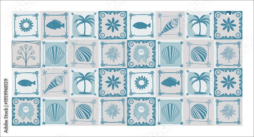 Grid pattern of square tiles featuring blue silhouettes of palm trees fish seashells and flowers on a light grey background with decorative borders