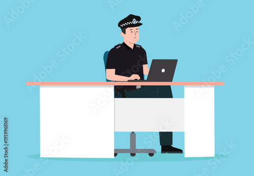 Police Officer Working on Laptop at Desk Illustration,Policeman in Uniform Using Computer for Law Enforcement Security Officer Monitoring Data or Filing Electronic Reports