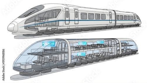 Futuristic High-Speed Train and Interior AutoCAD Blueprint, Modern Rail Vehicle Technical Vector on White Background